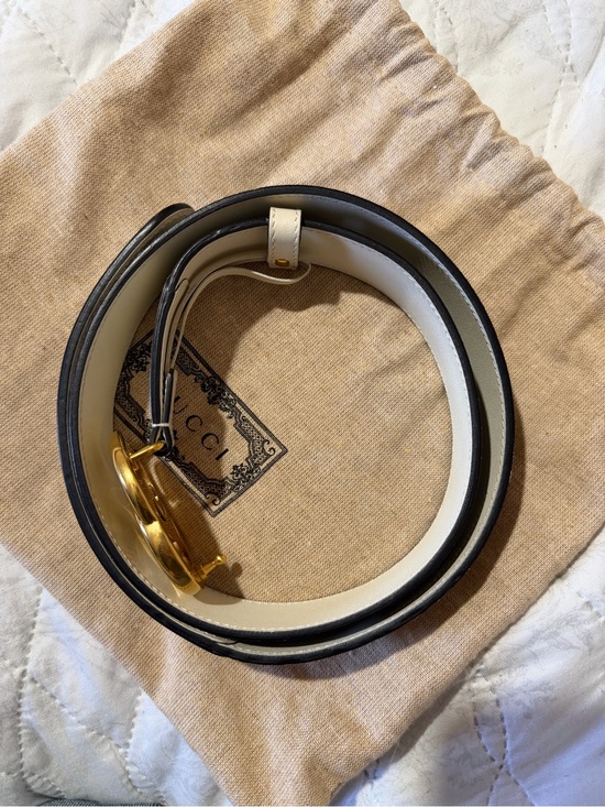 Gucci Beige Monogram Canvas Belt with White Trim and Gold Double G Buckle